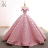Kateprom Ball Gown Off the Shoulder Satin Prom Dress with Lace Appliques, Long Quinceanera Dress KPP1179