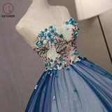 Kateprom Blue Ball Gown V Neck Sleeveless Appliqued Tulle Prom Dress, Hot Quinceanera Dresses KPP1181