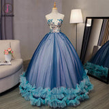 Kateprom Blue Ball Gown V Neck Sleeveless Appliqued Tulle Prom Dress, Hot Quinceanera Dresses KPP1181