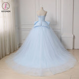 Kateprom Light Blue Sweetheart Ball Gown Beading Tulle Prom Dress, Sweep Train Quinceanera Dress KPP1183
