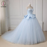 Kateprom Light Blue Sweetheart Ball Gown Beading Tulle Prom Dress, Sweep Train Quinceanera Dress KPP1183