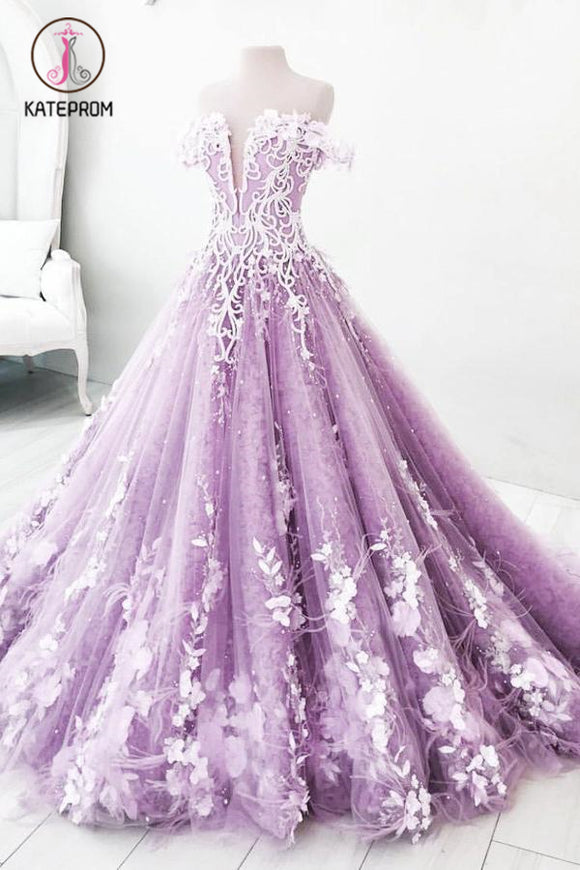 Kateprom Lilac Off the Shoulder Gorgeous Long Prom Dress, Charming Formal Dress with Flowers KPP1182