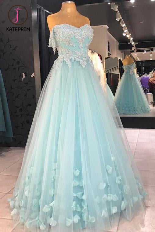Kateprom Cheap A Line Strapless Floor Length Tulle Prom Dress with Flowers, Appliqued Formal Dress KPP1184