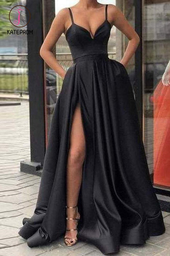 Kateprom Black Spaghetti Straps Split Long Satin Prom Dress, A Line Simple Long Formal Dress KPP1185