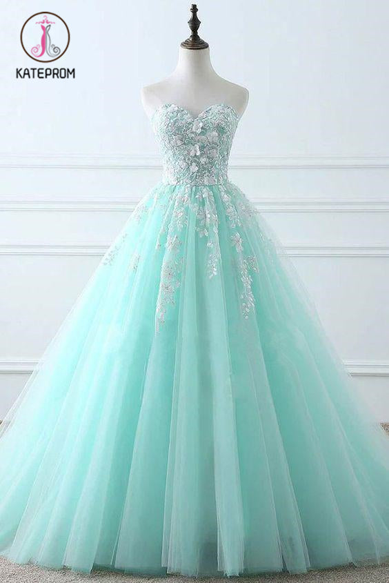 Kateprom Tiffany Blue Sweetheart Puffy Tulle Prom Dress with Lace Appliques, Long Graduation Dress KPP1188