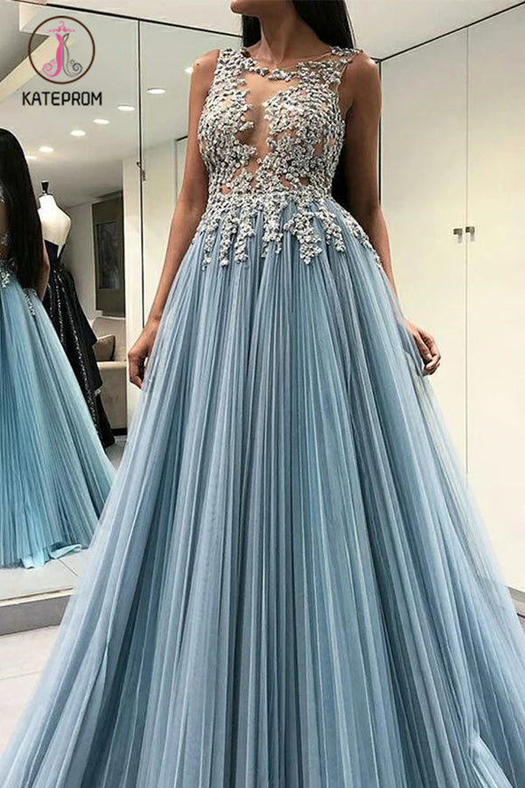 Kateprom A Line Sleeveless See Through Tulle Prom Dress with Appliques, Floor Length Formal Dress KPP1194
