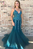 Kateprom Spaghetti Straps Sweep Train Tulle Prom Dress with Beading, Mermaid Dark Green Formal Dress KPP1196