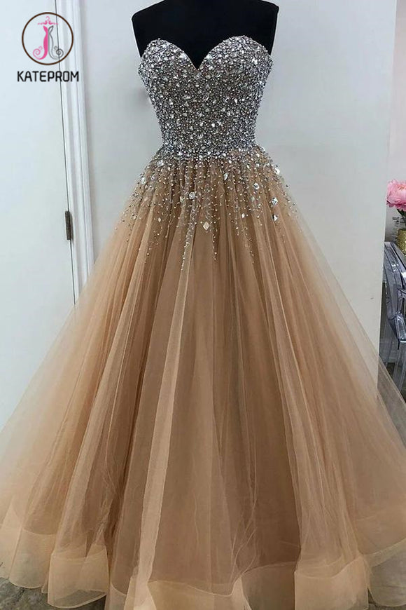 Kateprom Puffy Sweetheart Floor Length Beading Prom Dress, Glitter Long Formal Dress with Crystals KPP1197