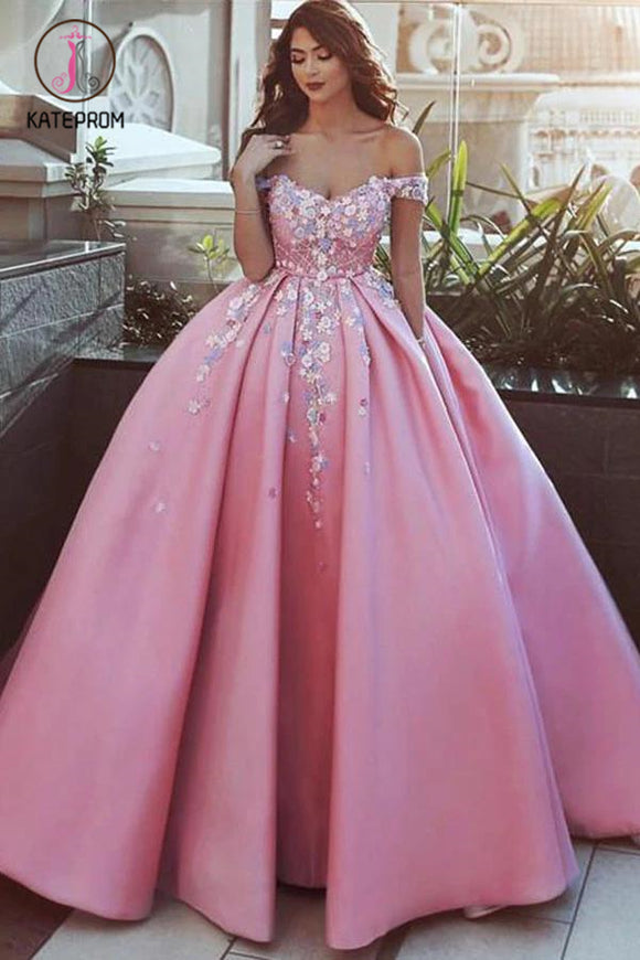 Kateprom Ball Gown Off the Shoulder Appliqued Satin Long Quinceanera Dresses, Puffy Long Prom Dress KPP1198