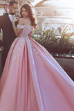 Kateprom Ball Gown Off the Shoulder Appliqued Satin Long Quinceanera Dresses, Puffy Long Prom Dress KPP1198