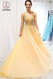 Kateprom A Line Floor Length Tulle Prom Dress with Sequins, Cheap V Neck Long Formal Dresses KPP1203