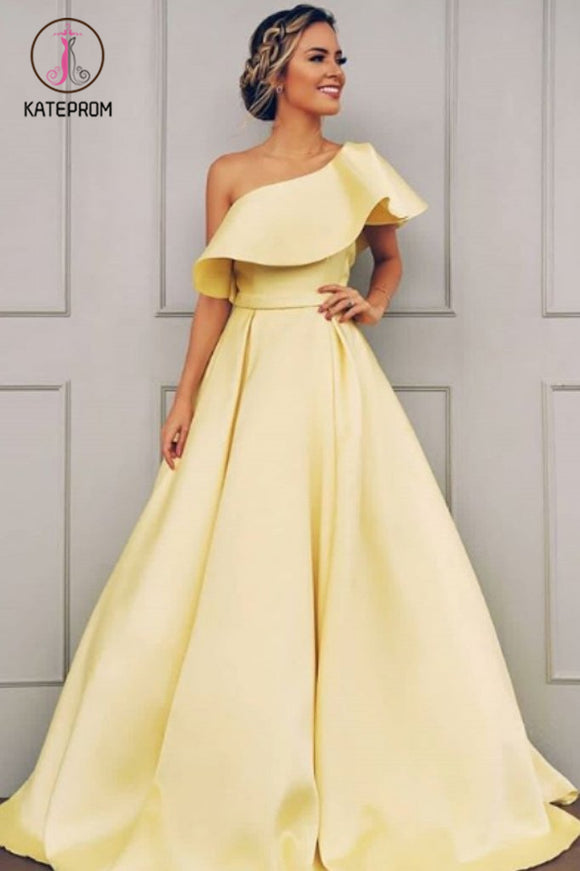 Kateprom Charming One Shoulder Satin Prom Dress, A Line Cheap Satin Formal Dress KPP1205
