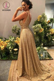 Kateprom Gold V Neck Sequins Formal Dresses, A Line Sleeveless Sparkly Sweep Train Prom Dresses KPP1206