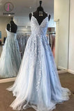 Kateprom A Line V Neck Straps Lace Appliques Long Prom Dress, Cheap Tulle Formal Dresses KPP1208