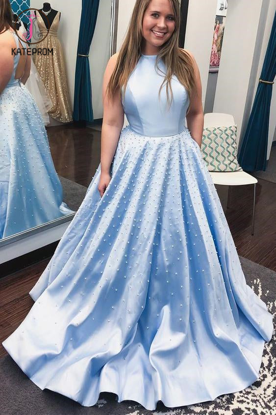 Kateprom Light Blue Jewel Open Back Long Prom Dress with Pearls, A Line Sleeveless Formal Dress KPP1209