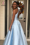 Kateprom Light Blue Jewel Open Back Long Prom Dress with Pearls, A Line Sleeveless Formal Dress KPP1209