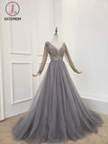 Kateprom A Line V Neck Long Sleeves Tulle Gray Prom Dress with Beading, Cheap Party Dresses KPP1210