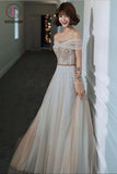 Kateprom Light Gray Tulle Lace Long Prom Dress, Floor Length Off the Shoulder Formal Dresses KPP1212