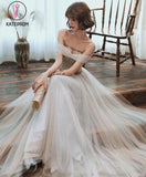 Kateprom Light Gray Tulle Lace Long Prom Dress, Floor Length Off the Shoulder Formal Dresses KPP1212