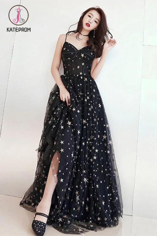 Kateprom Black Spaghetti Straps Tulle Prom Dress with Stars, Floor Length Long Evening Dress KPP1213