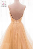 Kateprom Spaghetti Straps V Neck Sparkly Long Prom Dress, Backless Pleated Tulle Party Dresses KPP1214