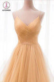 Kateprom Spaghetti Straps V Neck Sparkly Long Prom Dress, Backless Pleated Tulle Party Dresses KPP1214