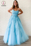 Kateprom A Line Sky Blue Lace Backless Long Prom Dresses, Backless Sky Blue Lace Formal Dresses KPP1215