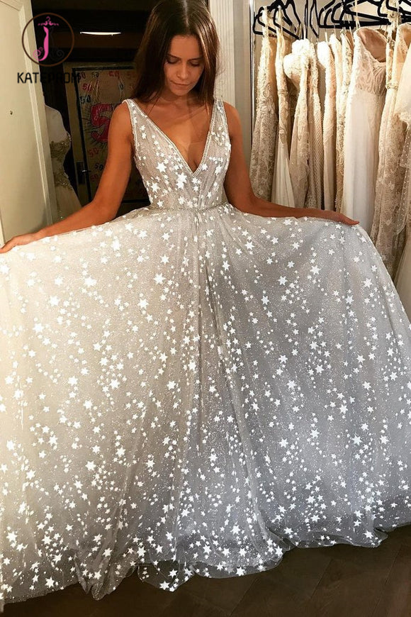 Kateprom Glitter V Neck Sleeveless Floor Length Prom Dress, Sparkly Long Party Dresses KPP1220