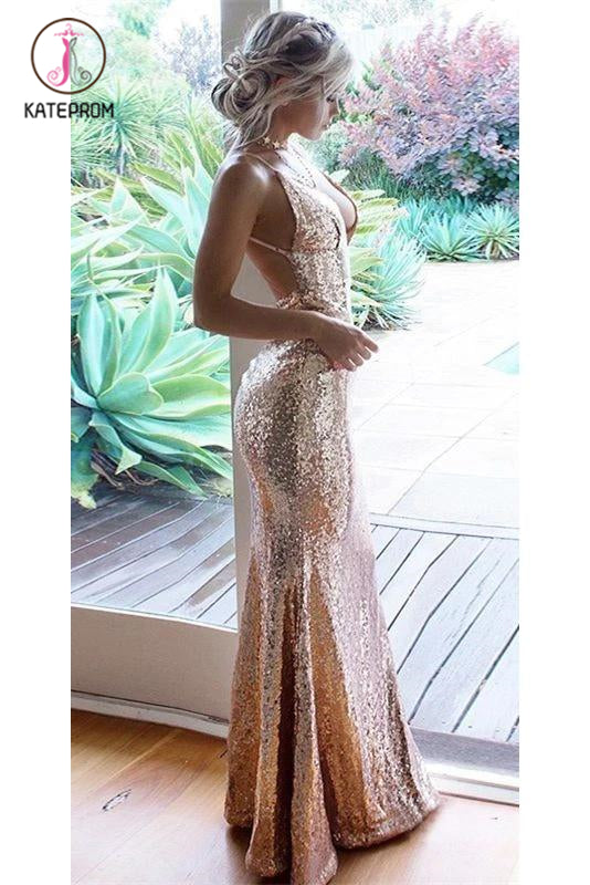 Kateprom Sexy Sequined Mermaid Backless Prom Dress, Rose Gold Floor Le kateprom Kateprom Sexy Sequined Mermaid Backless Prom Dress, Rose Gold Floor Le kateprom