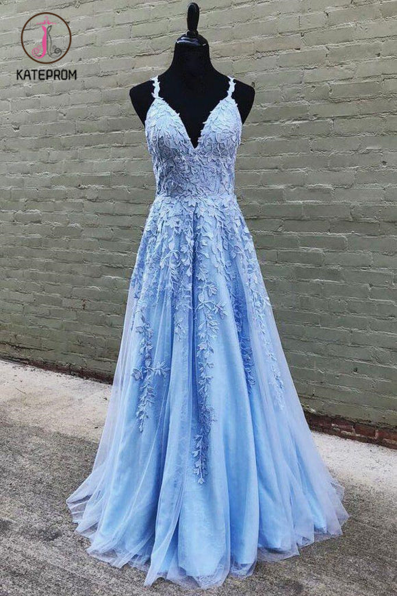 Kateprom New Style Straps Floor Length Lace Appliques Long Prom Dress, A Line Evening Dress KPP1231