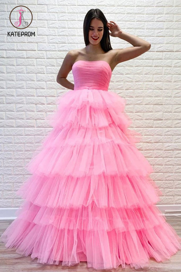 Kateprom Pink Strapless Layers Prom Dress with Lace Up Back, A Line Floor Length Evening Dress KPP1225