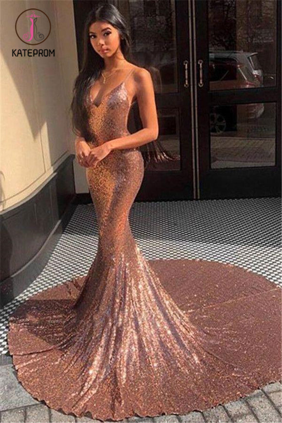 Kateprom Spaghetti Straps V Neck Mermaid Court Train Sequins Prom Dress, Sexy Evening Dress KPP1226