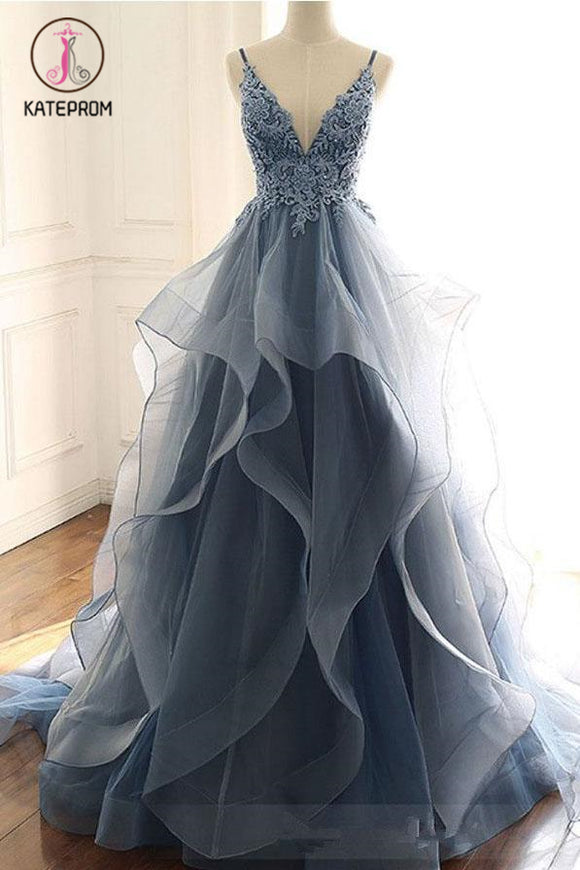 Kateprom Dark Gray Tulle Prom Dress with Lace Appliques, Spaghetti Straps Sweep Train Party Dress KPP1229