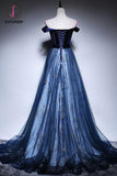 Kateprom Dark Blue Velvet Tulle Long Prom Dress, Elegant Off the Shoulder Evening Dress with Sleeve KPP1232