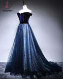 Kateprom Dark Blue Velvet Tulle Long Prom Dress, Elegant Off the Shoulder Evening Dress with Sleeve KPP1232