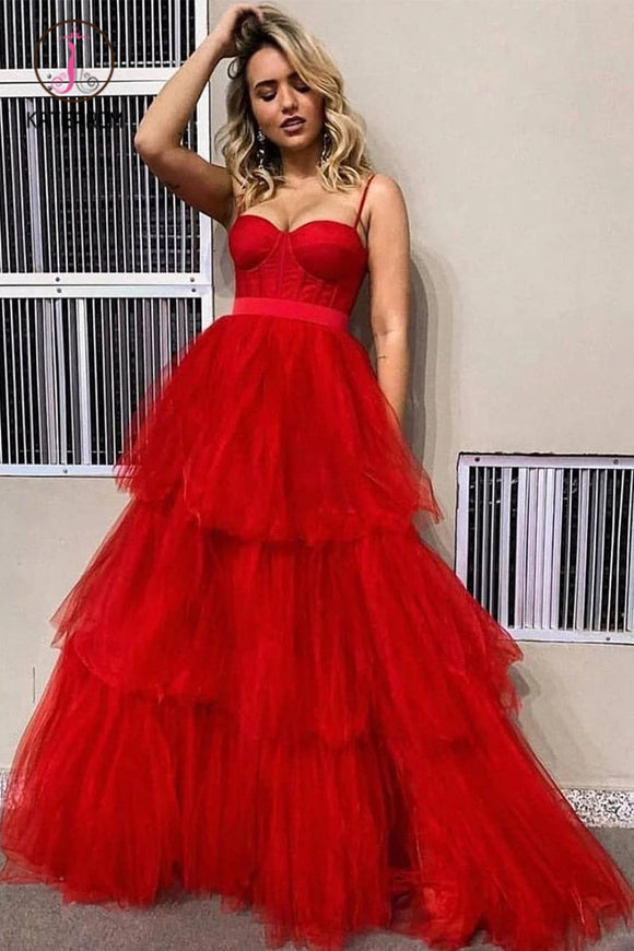 Kateprom Spaghetti Straps Floor Length Red Layers Tulle Prom Dresses, A Line Long Evening Dress KPP1233