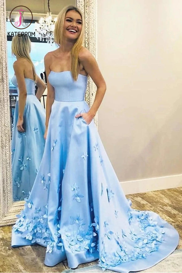 Kateprom Sky Blue Strapless Satin Prom Dress with Flowers, Elegant Party Dress with Pockets KPP1234