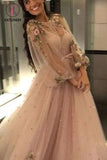 Kateprom Unique Long Sleeves Tulle Prom Dress with Flowers, Charming Formal Dress with Flowers KPP1236