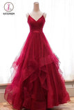 Kateprom Red Spaghetti Straps V Neck Asymmetrical Prom Dress, Backless Sparkly Long Formal Dress KPP1237