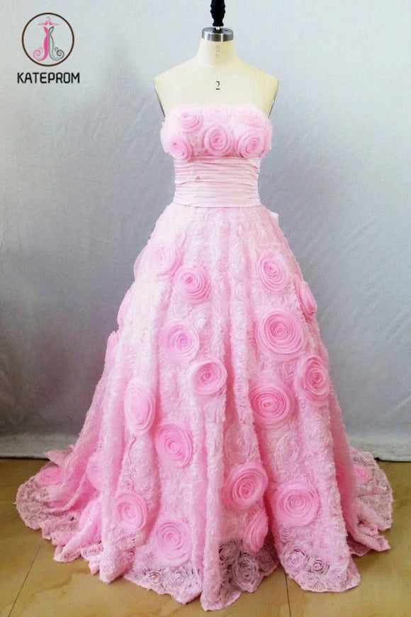 Kateprom Strapless A Line Prom Dress with Flowers, Unique Pink Sweep Train Party Dresses KPP1239