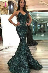 Kateprom Dark Green Sweetheart Mermaid Sleeveless Floor Length Sequined Prom Dresses KPP1240