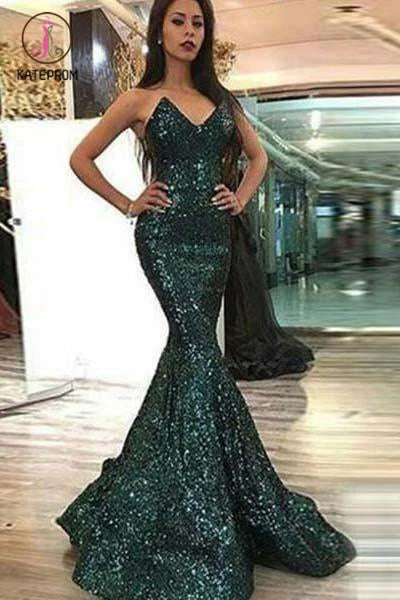 Kateprom Dark Green Sweetheart Mermaid Sleeveless Floor Length Sequined Prom Dresses KPP1240