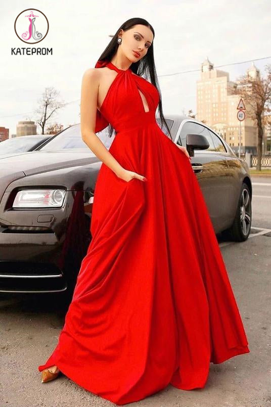 Kateprom Stylish Red Halter Long Prom Dress, Floor Length Sleeveless E kateprom Kateprom Stylish Red Halter Long Prom Dress, Floor Length Sleeveless E kateprom
