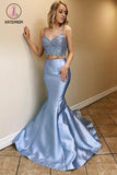 Kateprom Two Piece Satin Prom Dresses with Lace, Spaghetti Straps Mermaid Long Party Dress KPP1245