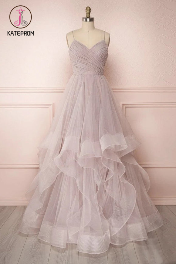Kateprom Spaghetti Straps Pleated Floor Length Tulle Prom Dress, A Line Long Evening Dresses KPP1246