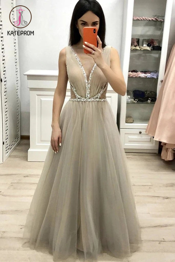 Kateprom Deep V Neck Sleeveless Floor Length Prom Dress with Beading, A Line Tulle Long Dress KPP1248