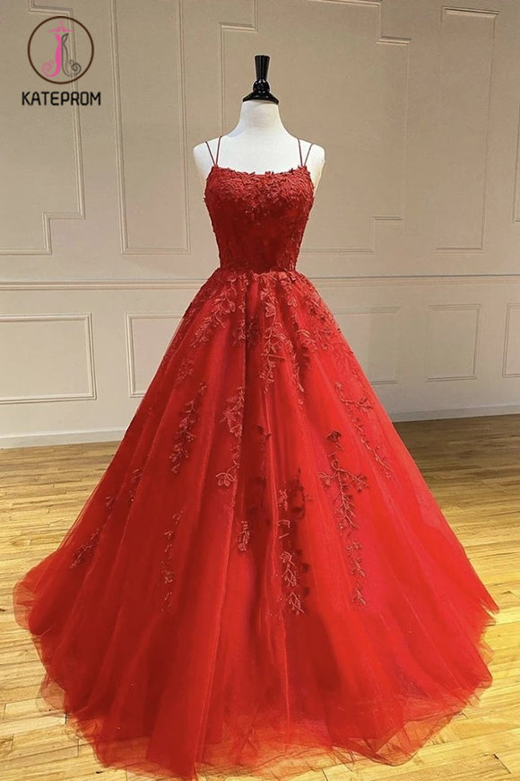 Kateprom Hot Selling Red Tulle Prom Dress with Lace Appliques, A Line Long Party Dress with Lace KPP1249