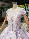 Kateprom Lilac Ball Gown Short Sleeve Prom Dresses with Flowers, Gorgeous Quinceanera Dress KPP1250