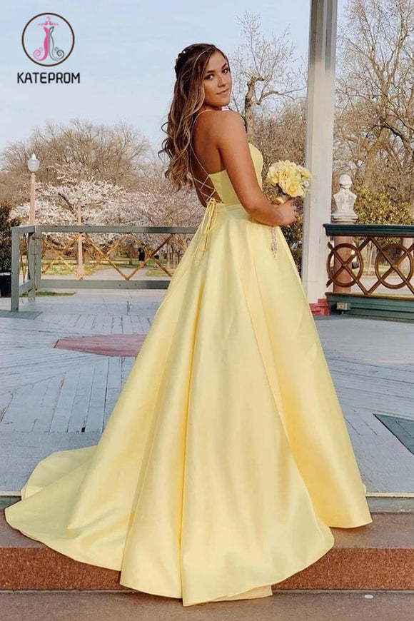 Kateprom Daffodil Spaghetti Straps Backless Long Satin Prom Dresses With Pockets KPP1251
