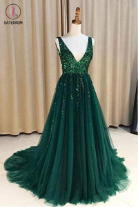 Kateprom V Neck Green Open Back Tulle Long Prom Dresses With Sequins KPP1127